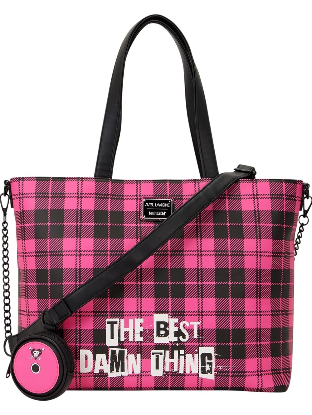 Avril Lavigne Loungefly Pink and Black Plaid Skull-Heart Tote - Picture 2 of 5